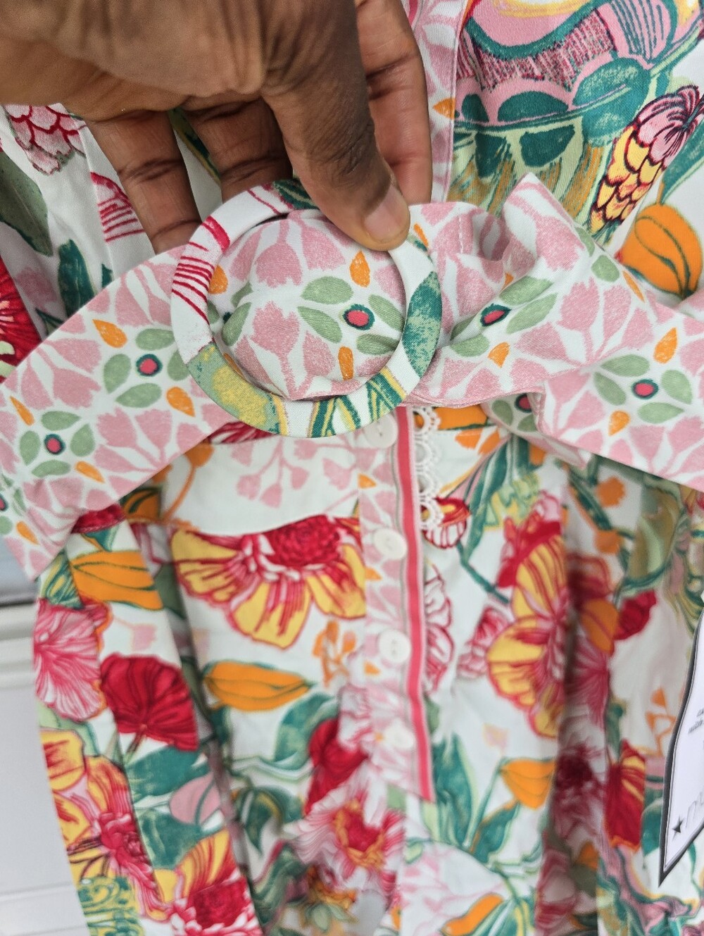 Adrianna Papell Women Floral Printed Romper Sz 10 Pink Green Lace Trim Belted - Picture 11 of 15